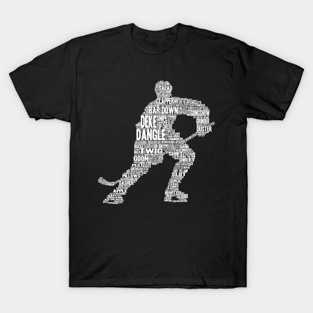 Hockey Player Word Slang Cloud Silhouette (White Font) T-Shirt by HockeyShirts